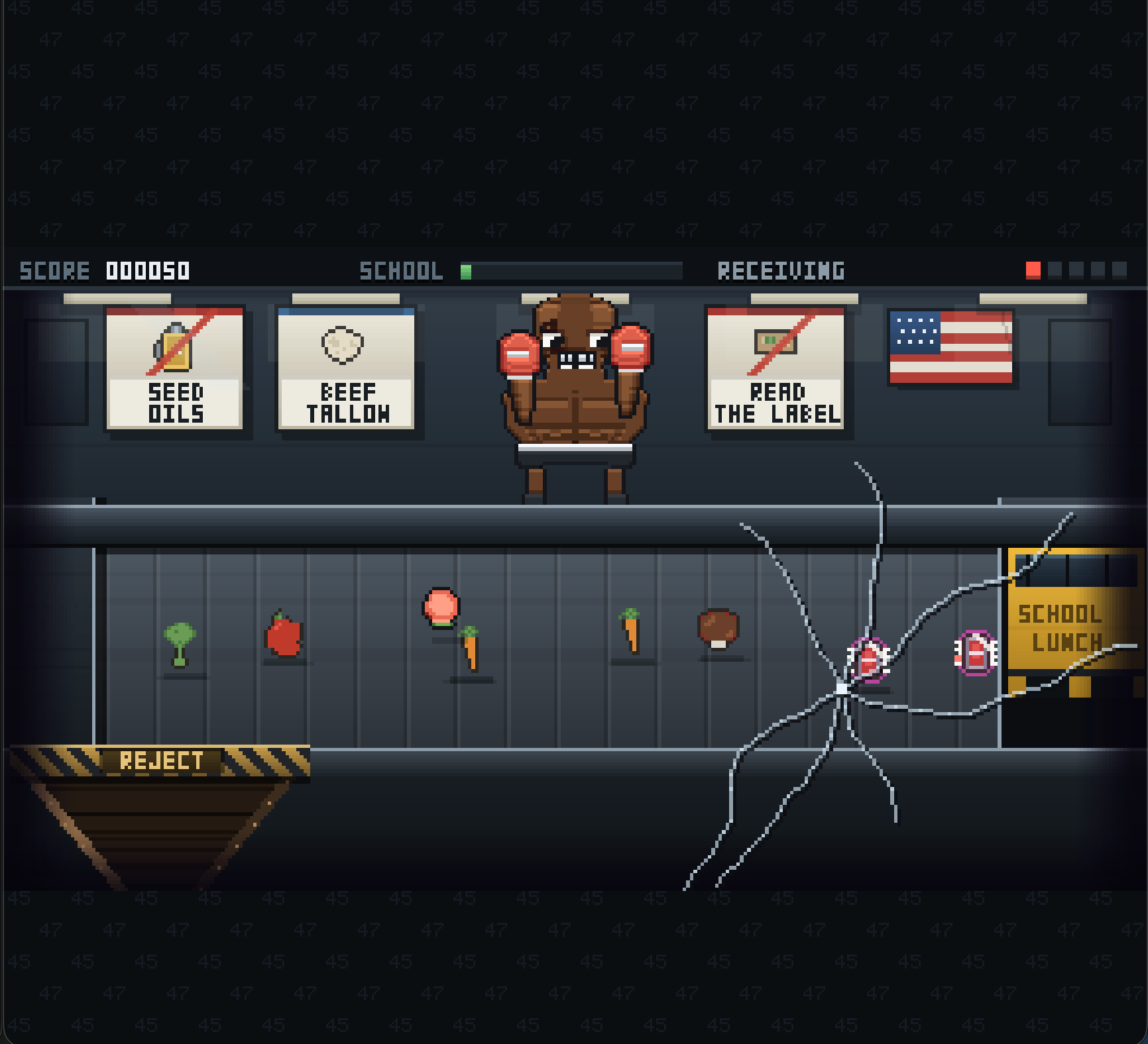 A boxer stands in front of a conveyor belt, hands up, looking at food items travel towards the right. The screen is cracked and the boxer is missing teeth.