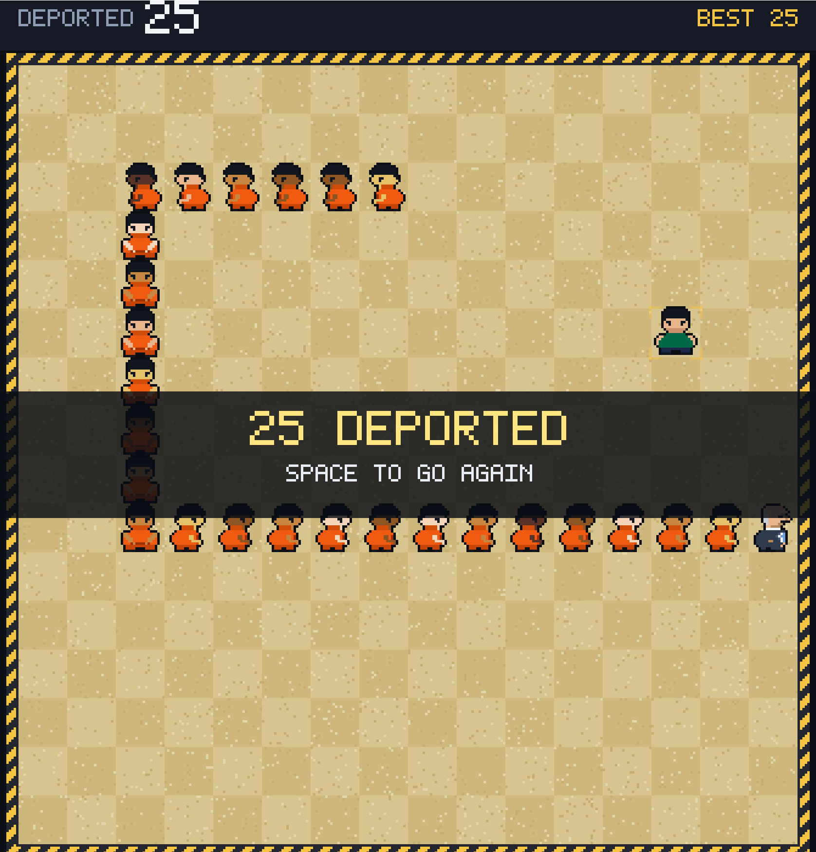 A sandy checkboard shows pixelated art of a white man leading a long trail of men in jumpsuits