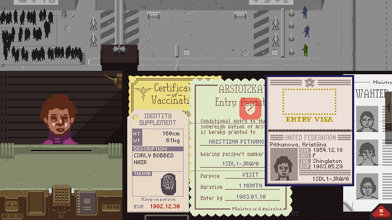 The image shows a view of a border checkpoint across the top. Below on the left, a person stands at a window await a verdict on entry. On the right, a pile of documents, like a passport, ID, and certificate of vaccination