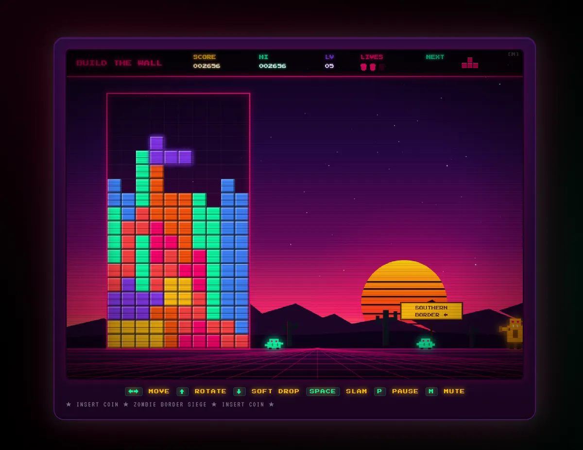 A tetris-like structure sits on the left and a creature comes from the right. There's a sunset on the horizon and ground is a grid with lines leading to a vanishing point in the center.