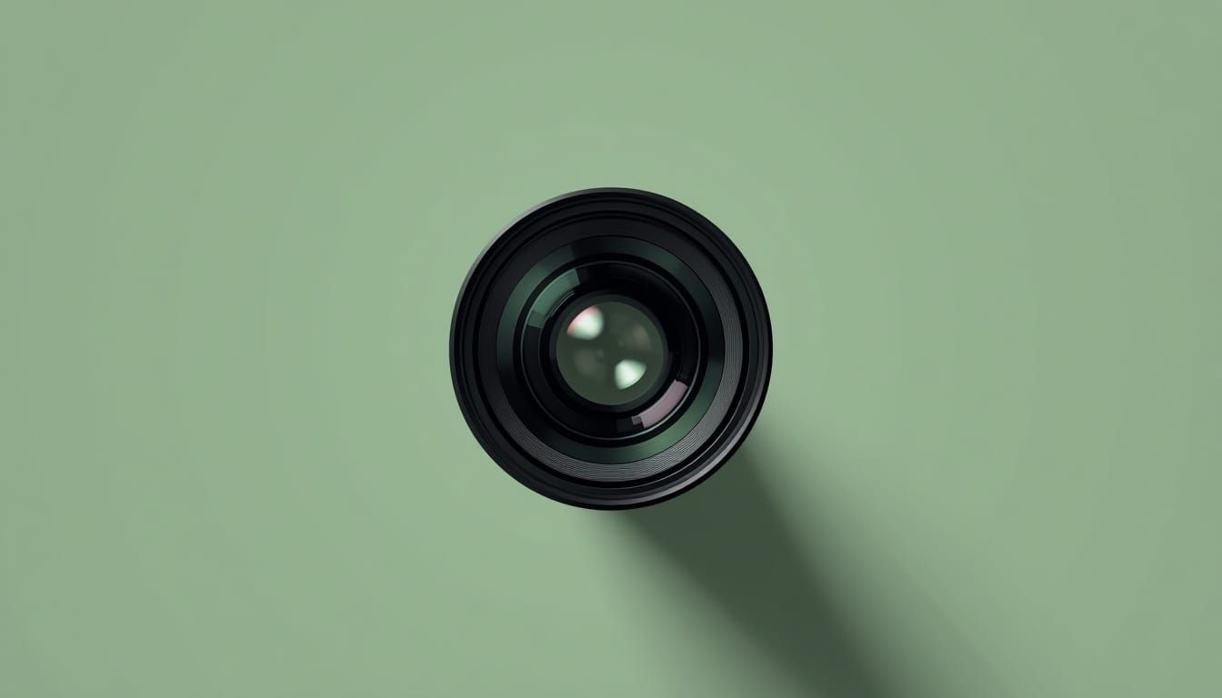 A single black camera lens standing upright against a pale sage green background.