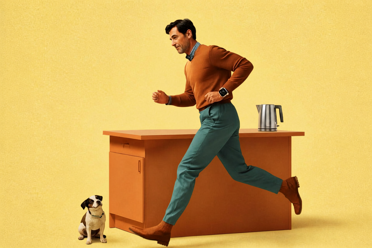 Illustration of a man running past a kitchen counter while his dog watches.