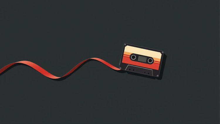 A cassette tape lying on a dark grey surface, its tape unspooled into a long red ribbon curving away across a frame 
