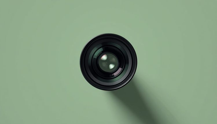 A single black camera lens standing upright against a pale sage green background.