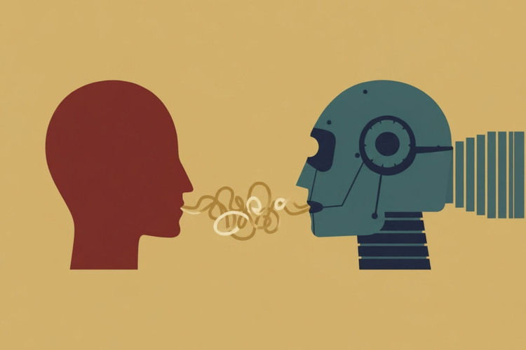 Illustration of a human head in profile speaking a tangled cream squiggle into a robot head, which outputs a neat row of identical blocks, on a mustard background