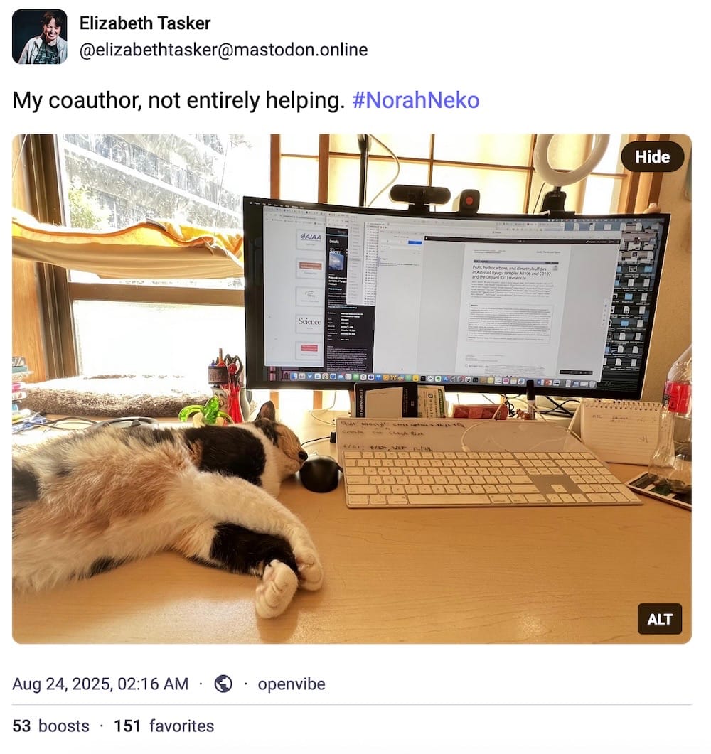 Elizabeth Tasker post on Mastodon: "My coauthor, not entirely helping. #NorahNeko," followed by a photo of her calico cat lying on a desk in front of a computer screen showing a journal paper that their human is currently checking to cite in the paper she's writing.