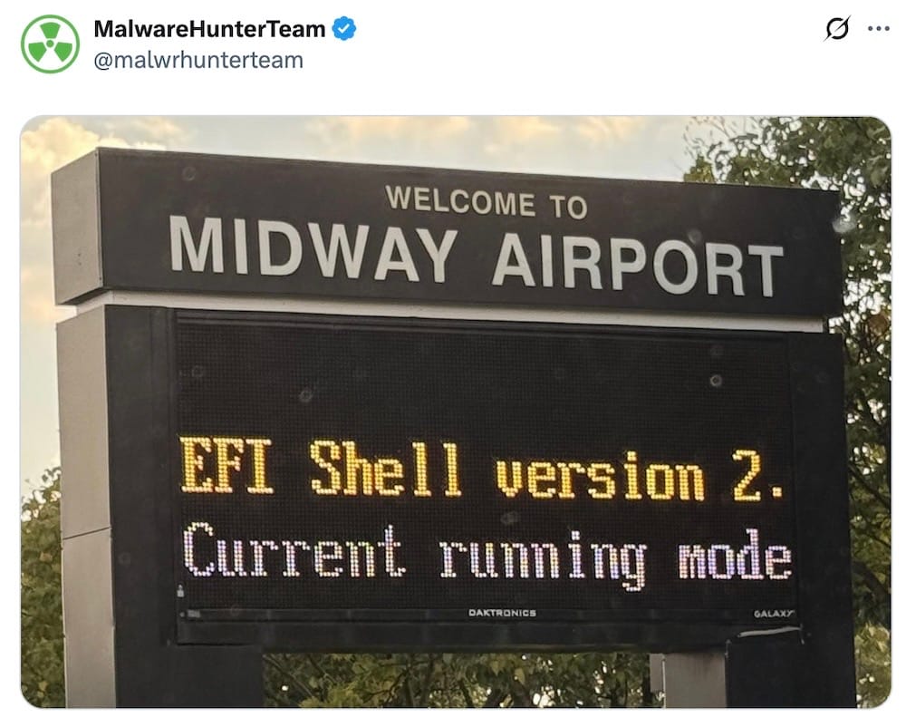 MalwareHunterTeam on X, featuring a photo of a digital sign outside an airport, which reads: "WELCOME TO MIDWAY AIRPORT" followed by the digital text: "EFI Shell version 2. Current running mode."