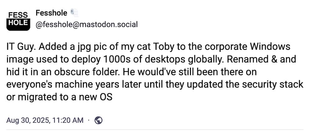 Fesshole post on Mastodon: "IT Guy. Added a jpg pic of my cat Toby to the corporate Windows image used to deploy 1000s of desktops globally. Renamed & and hid it in an obscure folder. He would've still been there on everyone's machine years later until they updated the security stack or migrated to a new OS"