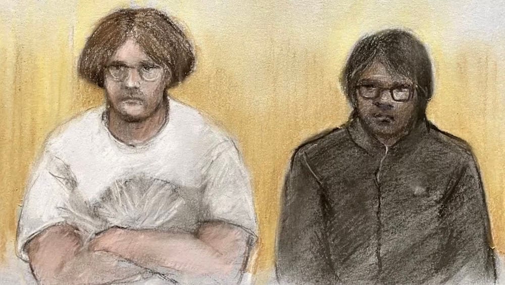 a photo of Owen Flowers (left) and Thalha Jubair (right) seen at their appearance in a London court this week. 