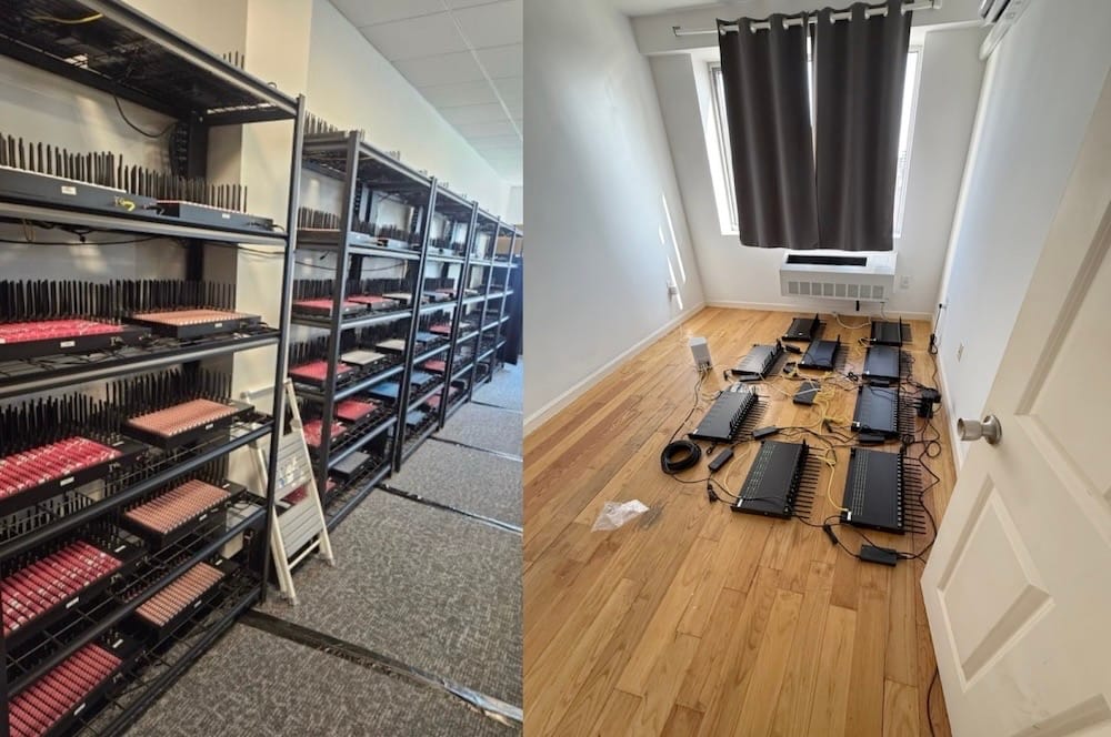 two photos side-by-side, the left showing racks of SIM card boxes with thousands of SIM cards inside, and the right image is an empty apartment room with a wooden floor and closed curtains, with a selection of networking and SIM card equipment laid out on the floor.