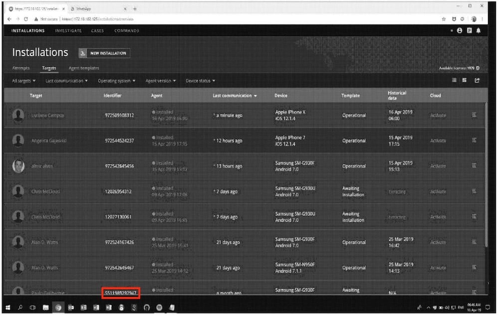 a screenshot of a Pegasus installations dashboard, seen in a web browser, showing a list of targets and identifiers (phone numbers), and other data associated with the targets. The image is grainy as it's from a court filing. 
