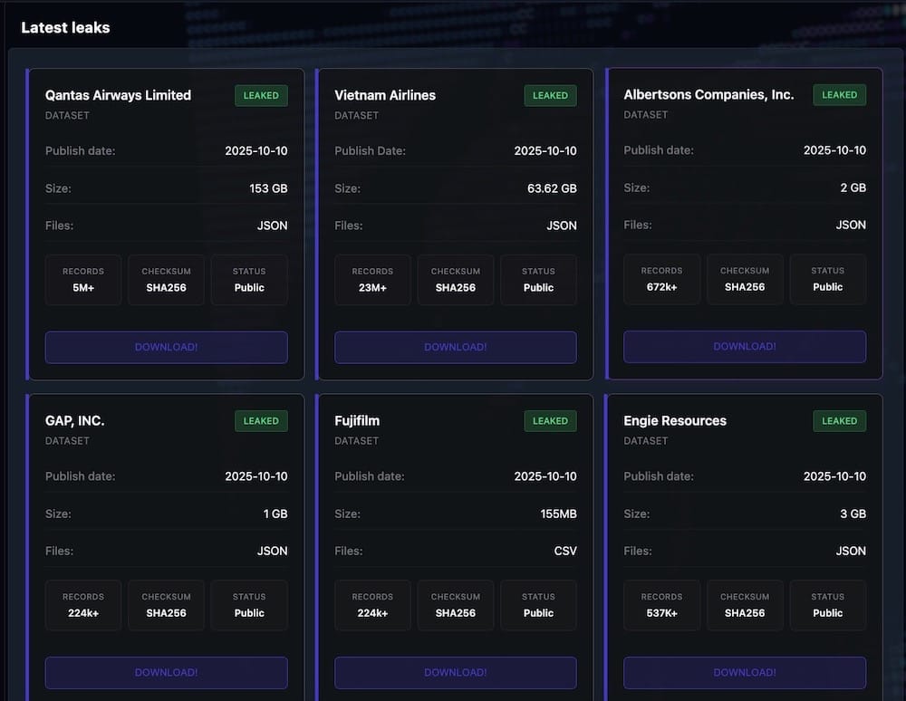 a screenshot showing the ShinyHunters' leak site, revealing six allegedly hacked companies with data now published, including Qantas, Vietnam Airlines, Fujifilm, Gap, and others.
