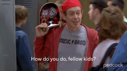 an animated GIF of an aging Steve Buscemi holding a skateboard, in a school, saying "how do you do, fellow kids?"