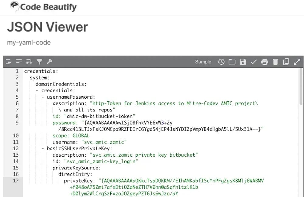 a screenshot showing Code Beautify, a website that lets you make JSON code more readable, showing that it contains secret keys and sensitive information, despite being easily found on the website's index. 