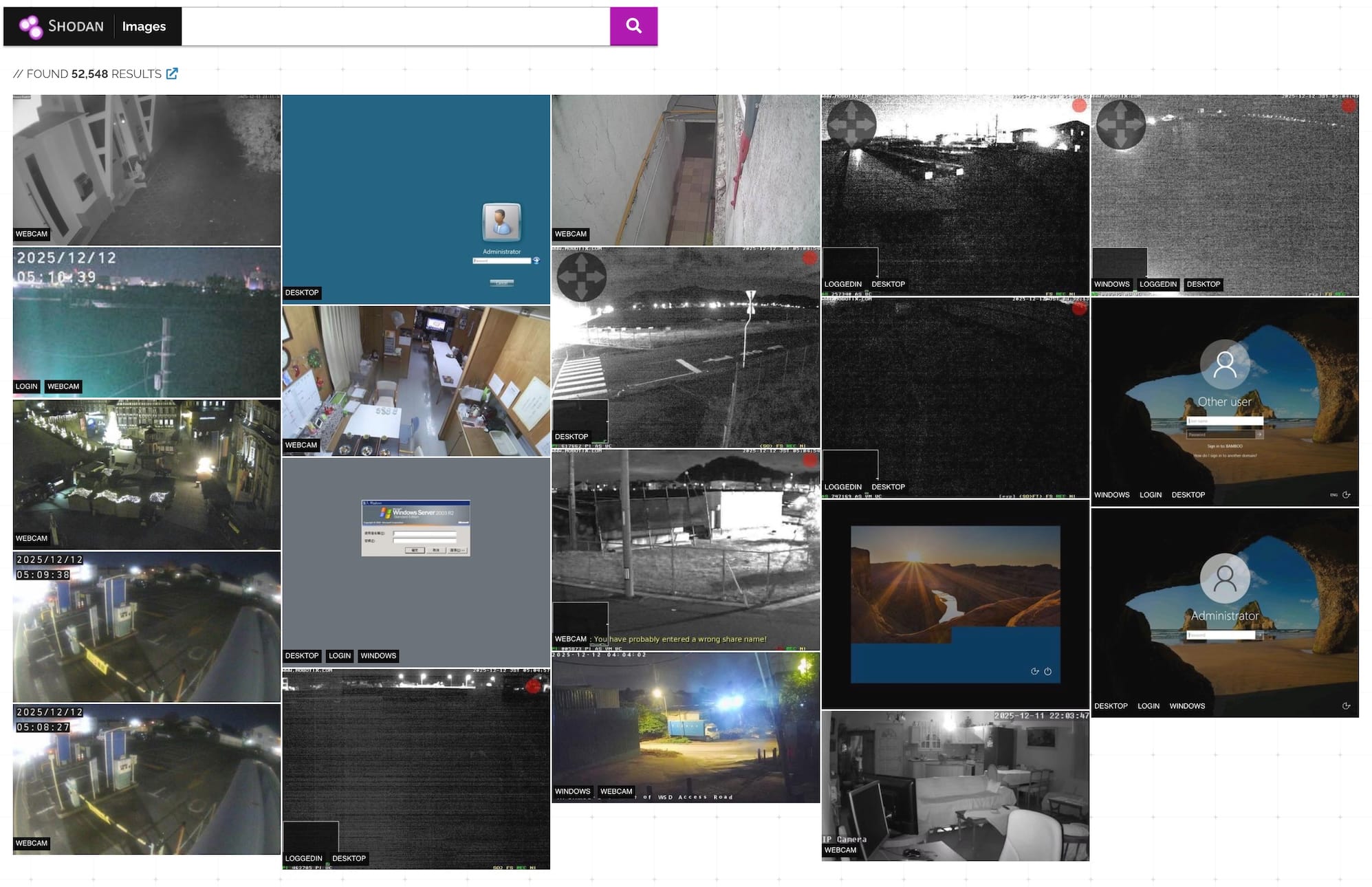 a screenshot showing 20 different screens of exposed devices and webcams in Shodan's Image search.