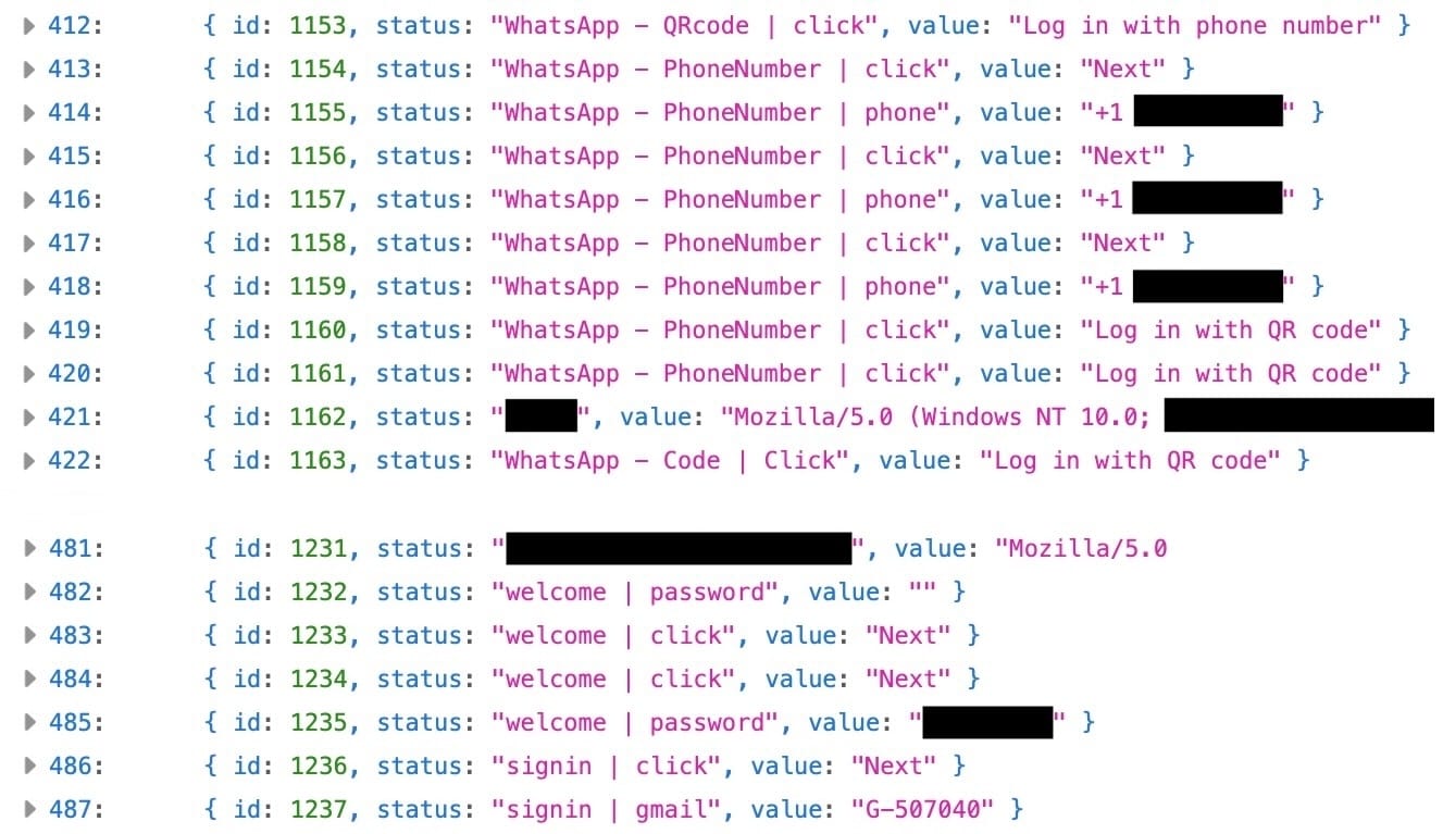 a stream of exposed records from the attacker's server, showing reams of attack-flow data, such as sign-ins and the entering of passwords on the phishing page