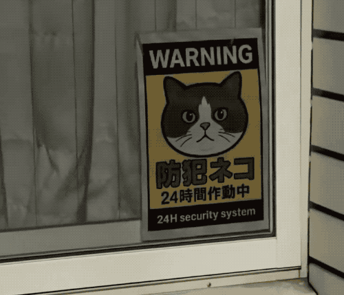 an animated GIF of someone's house window with a sign that reads: "WARNING: 24 hour security system" with a cartoon photo of a cat. And, the camera pans across the window to show a cat on the window ledge that looks exactly like the cat in the poster.