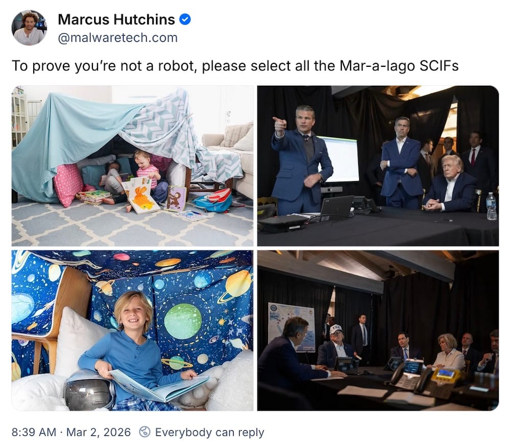 Marcus Hutchins post on Bluesky: "To prove you’re not a robot, please select all the Mar-a-lago SCIFs," followed by two photos of the Mar-A-Lago "SCIF", and two stock photos of kids playing in tents.