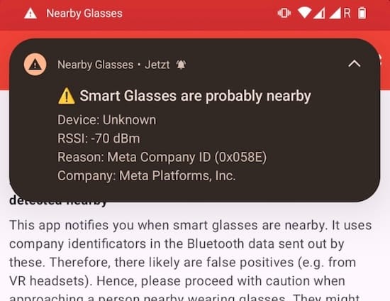 a screenshot from Yves Jeanrenaud showing an Android phone notification notifying that there are smart glasses nearby.