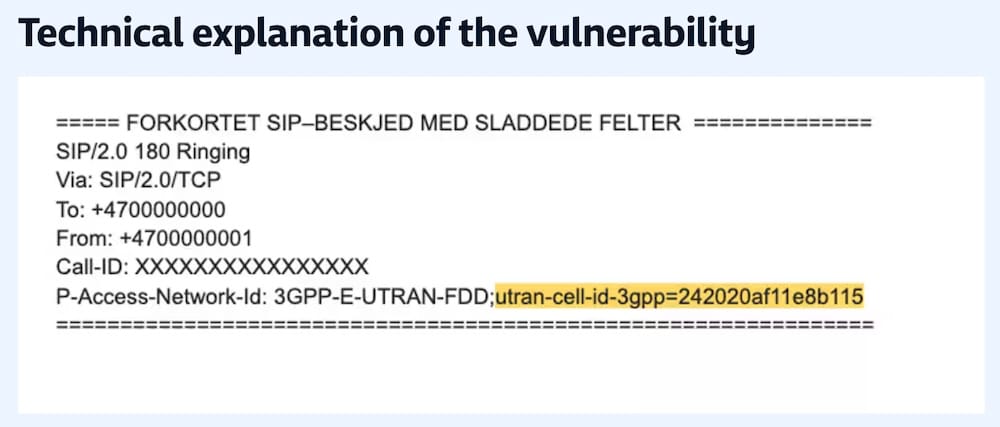 a screenshot from NRK's report showing a log of a baseband messages revealing the location of a nearby base station from a person's phone.