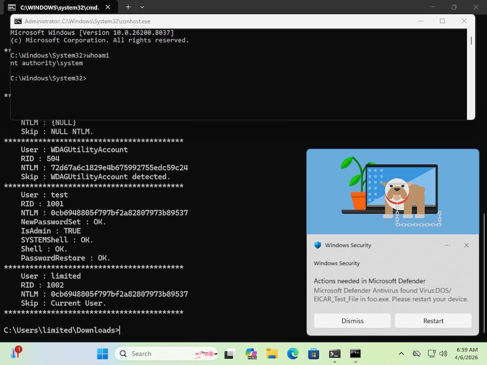 a screenshot of a Windows computer, posted by Will Dormann, showing the BlueHammer exploit working, with Microsoft Defender popping an alert in the bottom-right of the window.
