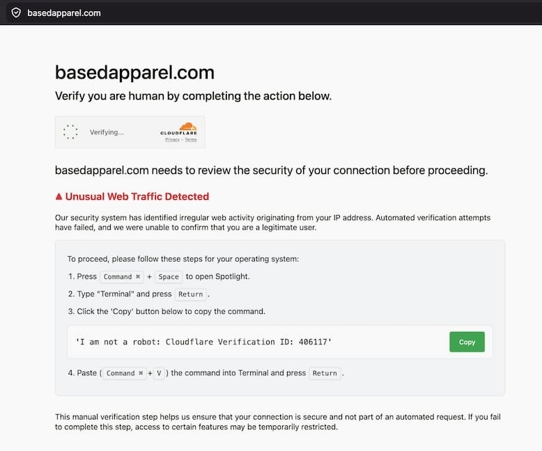 a screenshot from Kash Patel's Based Apparel website, showing a Cloudflare-style captcha box, but actually presents users with a lure to install malware on their computers.