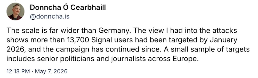 Donncha O Cearbhaill post on Bluesky: "The scale is far wider than Germany. The view I had into the attacks shows more than 13,700 Signal users had been targeted by January 2026, and the campaign has continued since. A small sample of targets includes senior politicians and journalists across Europe."