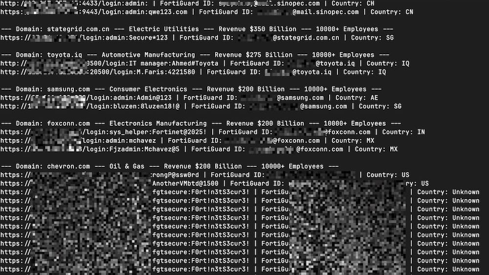 a sample of data shown in a screenshot containing sensitive domain, Fortinet firewall and password information relating to customers around the world. Fortinet firewalls only produce this kind of sensitive data when they're in extreme distress.