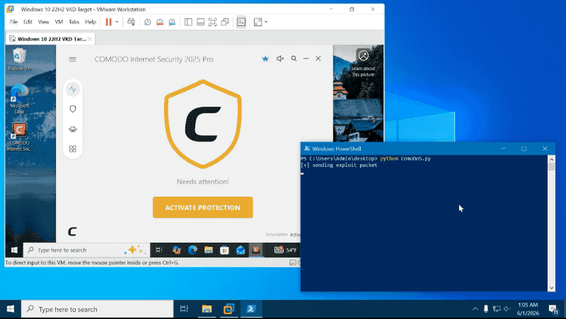 an animated GIF of a Windows desktop, showing a PowerShell window running an exploit in one window, and a virtual machine running Comodo Internet Security crashing and running into a Blue Screen of Death error.