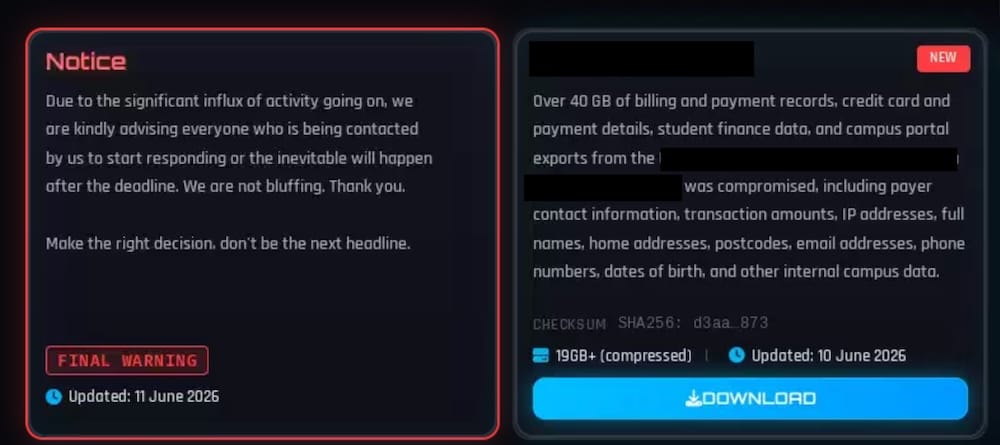 a screenshot from the ShinyHunters' data leak site, showing that it stole 40GB of data from a recent victim (a higher education institution) following the exploitation of an Oracle zero-day