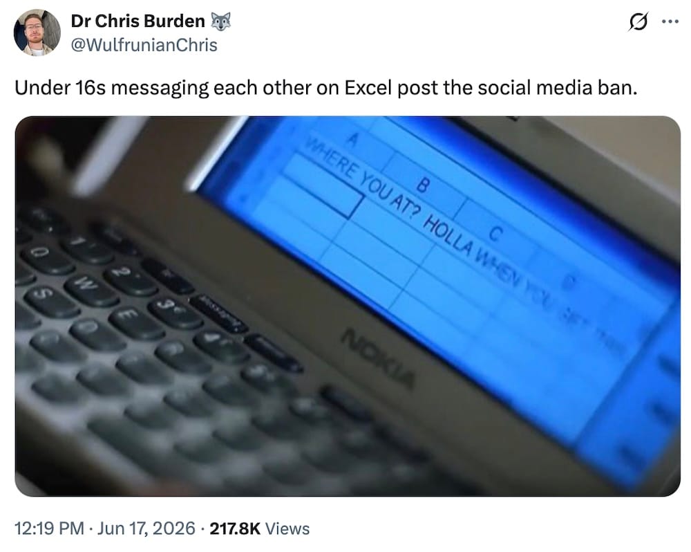 Dr Chris Burden post on X: "Under 16s messaging each other on Excel post the social media ban," followed by a screenshot from a Nelly-Kelly Rowland music video from the 2000s featuring a still of a typed-out text message saying "WHERE YOU AT?" on an Excel spreadsheet on a Nokia 9210 phone.