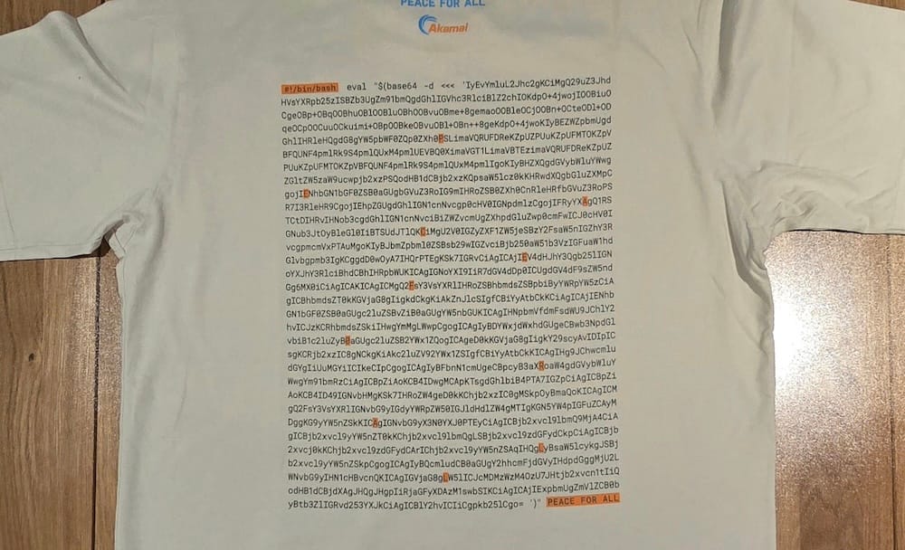 a photo of a multi-line base64-encoded bash script, which when runs reveals hidden text.
