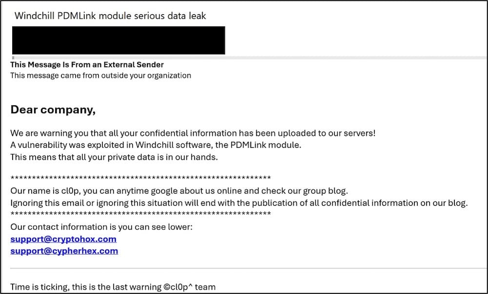 a screenshot via Ransom-ISAC showing an example of a Clop extortion email, containing new email addresses allegedly used by the gang.