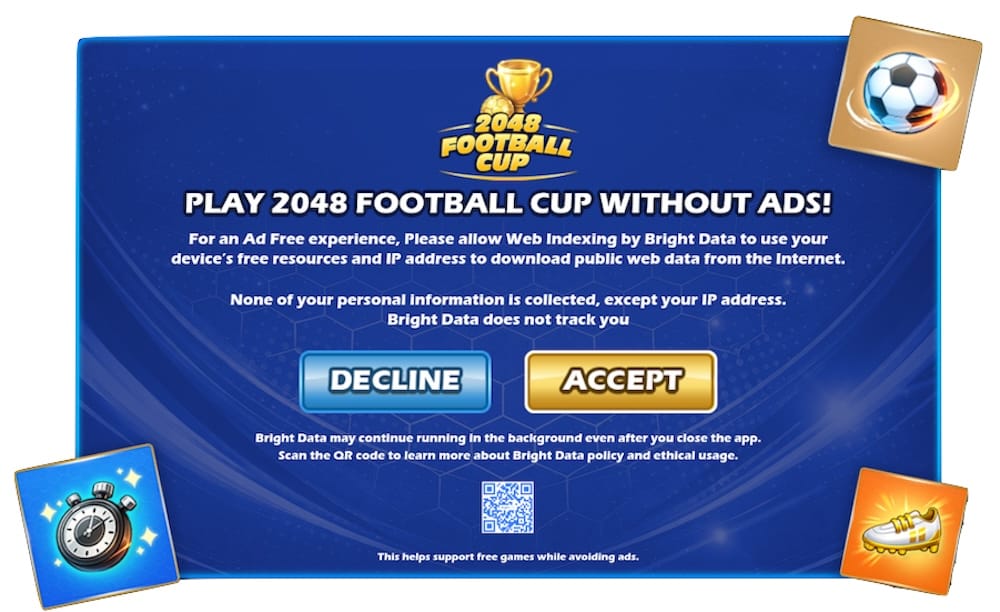 a screenshot from a Samsung TV app/game, which shows a popup asking for the user to accept or decline Bright Data from using the person's internet connection for web scraping.