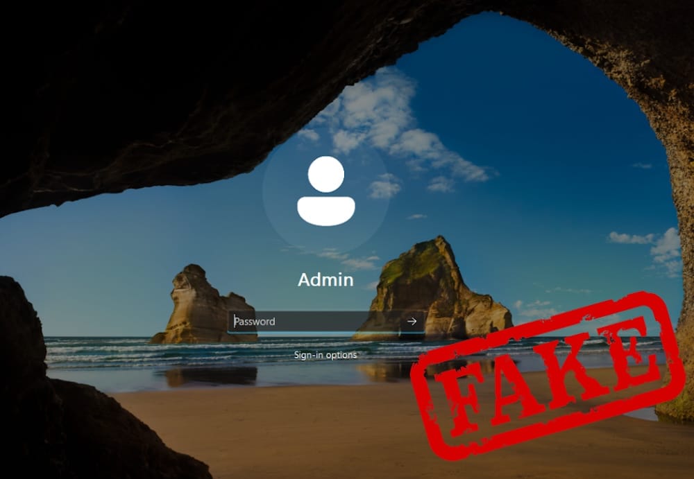 a screenshot of what looks like a Windows login/lock screen, but it's actually malware made to look like it, so that the hackers can steal the person's login credentials. it has an overlay that says, "FAKE" in big-stamped red letters.