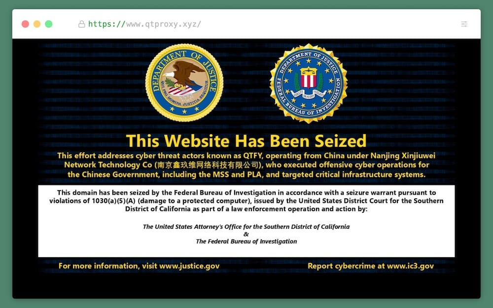 a screenshot of qtproxy[.]xyz, which currently displays an FBI seizure notice saying that the site was used by cyber threat actors known as QTFY, operating from China, to carry out cyber operations for the Chinese government. 