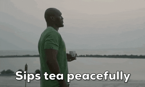 an animated GIF of a person by the sea, sipping a lovely cup of tea. the caption reads: "sips tea peacefully."