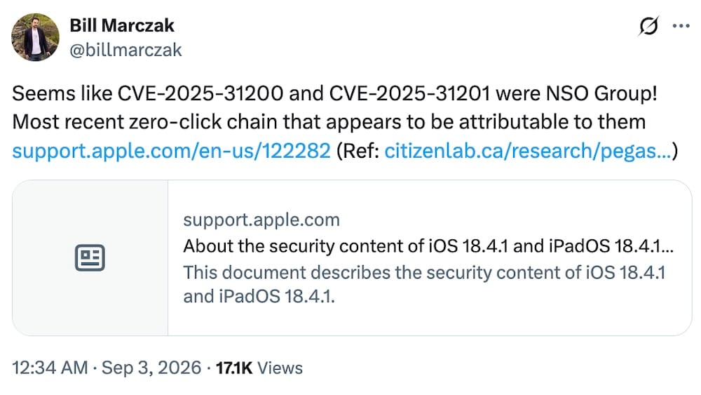Bill Marczak post on X: "Seems like CVE-2025-31200 and CVE-2025-31201 were NSO Group!  Most recent zero-click chain that appears to be attributable to them https://support.apple.com/en-us/122282"