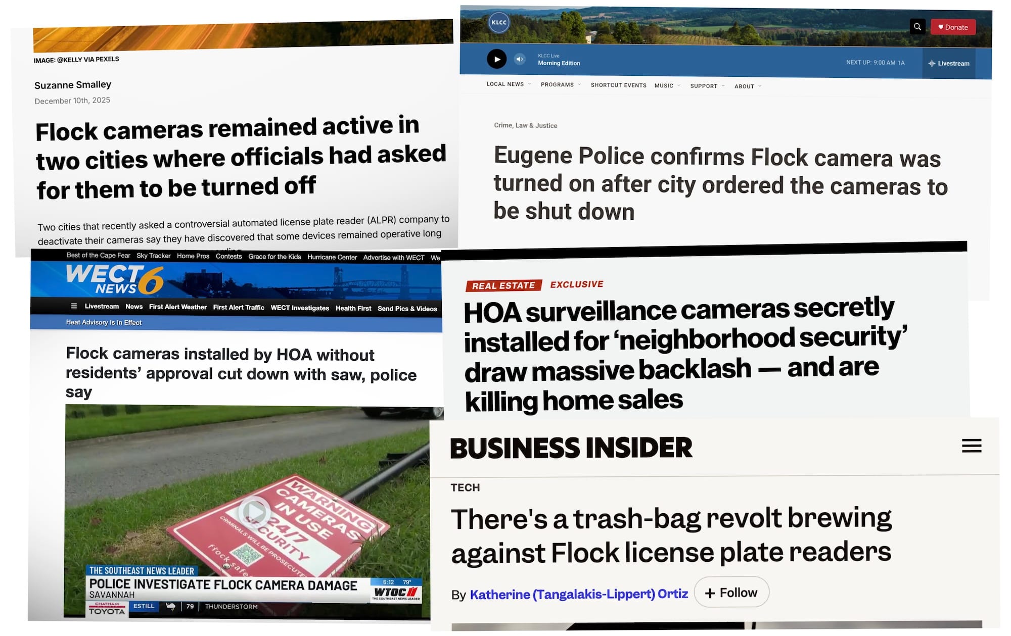 a collection/collage of headlines relating to Flock from around the web, including: "HOA surveillance cameras secretly installed for 'neighborhood security' draw massive backlash - and are killing home sales" by the New York Post and "There's a trash-bag revolt brewing against Flock license plate readers" by Business Insider.