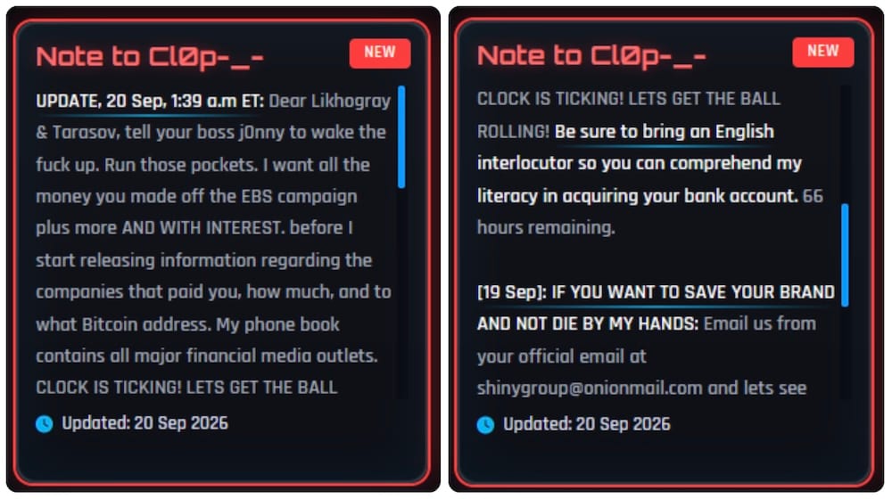 A screenshot from the ShinyHunters' data leak site, showing a "note to Clop" saying that they should pay the ShinyHunters hackers not to release Clop's stolen data.