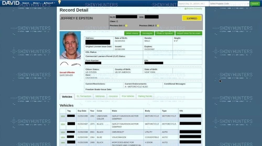 a screenshot of Florida's DAVID web database, showing a screenshot of the dead sex offender Jeffrey Epstein's expired driver's license.