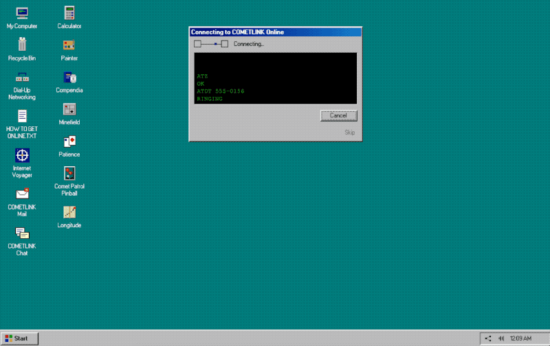 an animated GIF of a Windows 95-style simulation that shows a dial-up window connecting to the internet, and then a web browser loading very slowly, line by line, as if to show how slow it's loading.