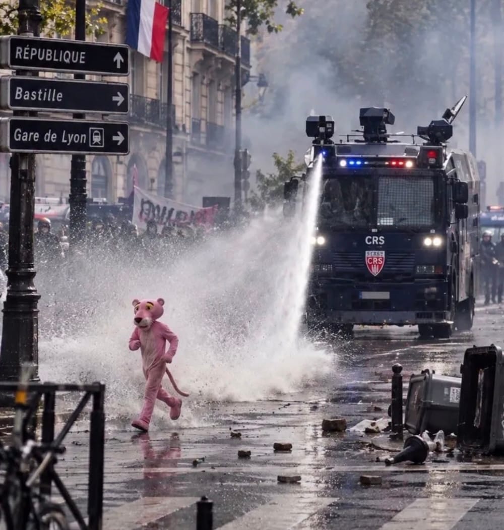 a photo from Paris, with a police van with a water cannon chasing someone dressed as the Pink Panther in the streets