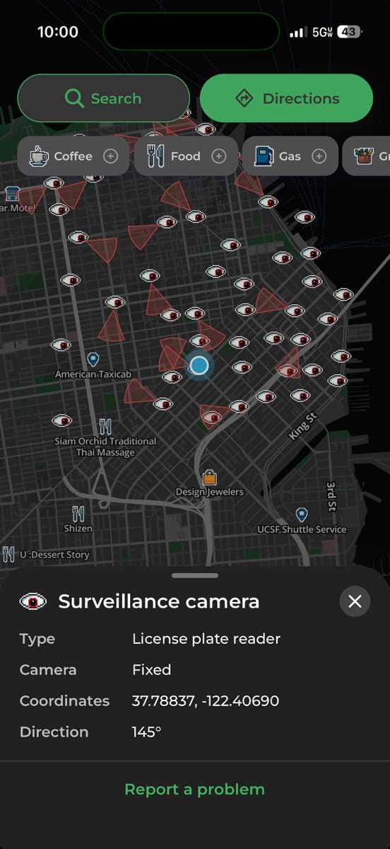 a screenshot showing a bunch of license plate readers located on a MapQuest app on an iPhone, showing where they are located and the direction in which they're pointing.