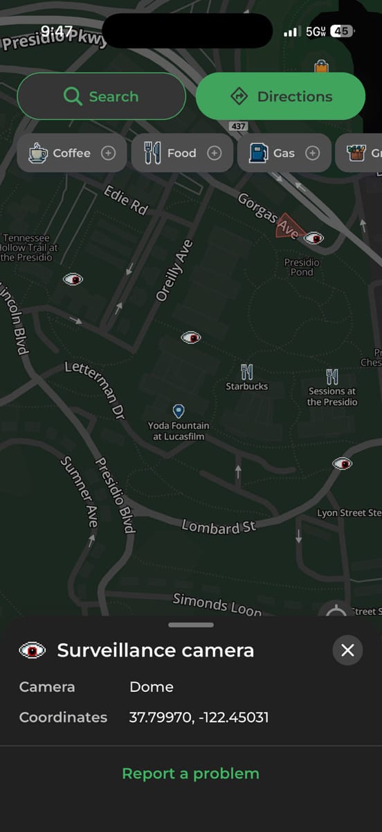 a screenshot from a MapQuest app on an iPhone showing a "surveillance camera" dome located on a map of San Francisco