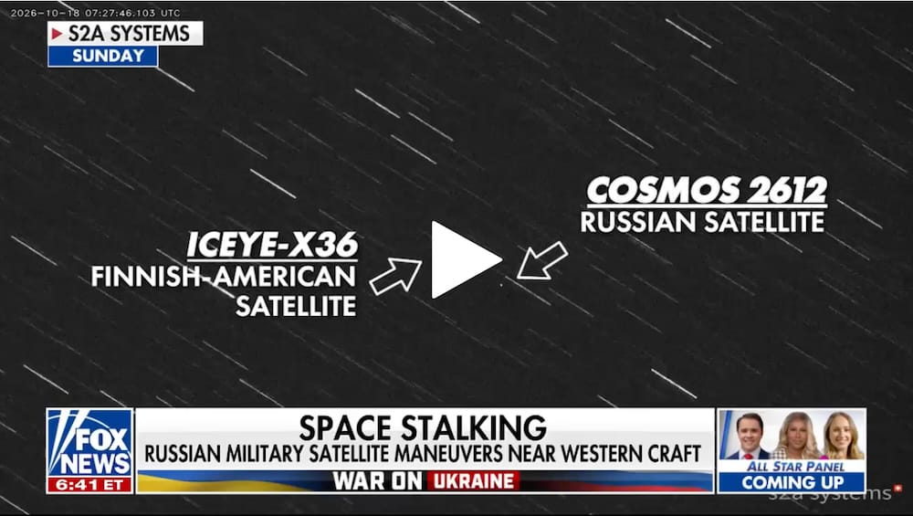 a screenshot from Fox News showing two arrows pointing to two satellites close to each other in space; one is a Finnish-American satellite and the other is a Russian satellite.