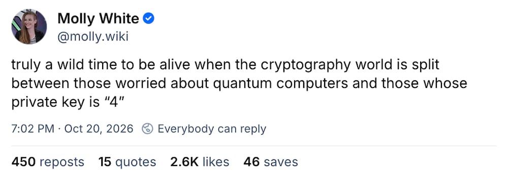 Molly White posting on Bluesky: "truly a wild time to be alive when the cryptography world is split between those worried about quantum computers and those whose private key is '4'."