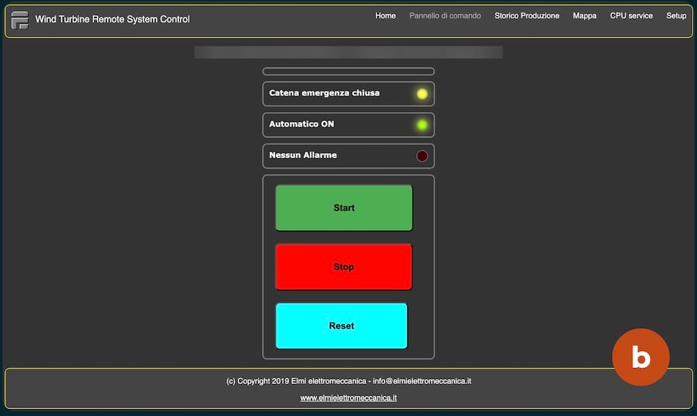 a screenshot from a "window turbine remote system control" web dashboard, with buttons saying "start," "stop" and "reset," indicating access to the wind turbine's systems.