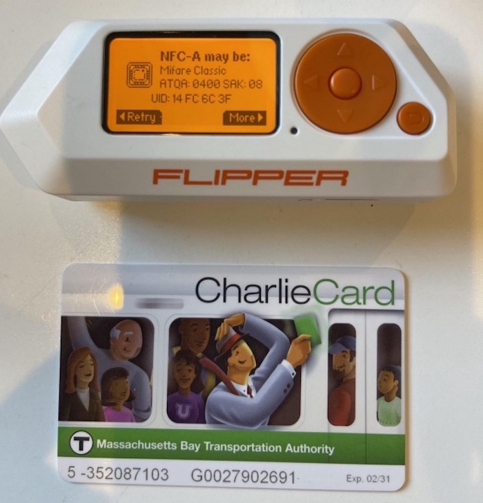 A Flipper Zero device reading an NFC-enabled Charlie Card, the Boston Metro subway card.