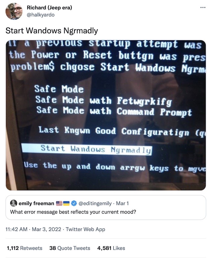 A tweet says, "what error message best reflects your current mood?" And the reply is a screenshot of Windows booting with a RAM problem, so it displays "Start Wandows Ngrmadly" instead of "Start Windows Normally."